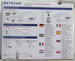 NETGEAR WN3000RP Universal WiFi Range Extender, immagine posteriore scatola - TheAppleLounge.com