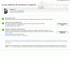 AppleCare Protection Plan, schermata della garanzia di un iPhone 5 prima e dopo l'attivazione dell'APP - TheAppleLounge.com